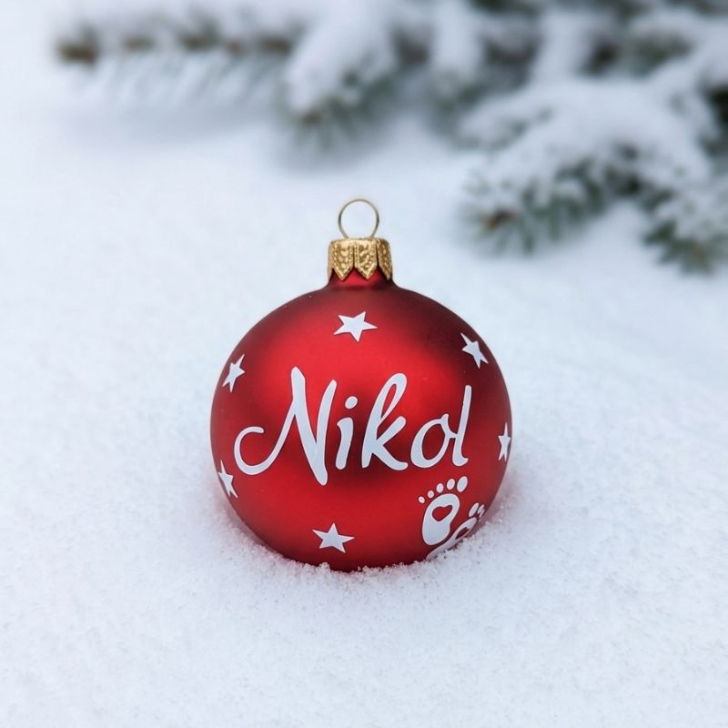 Skleněná vánoční ozdoba pro miminko se jménem - červená 7 cm